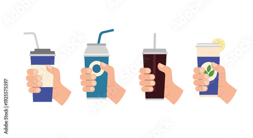 Four cartoon hands holding various colorful beverage cups and cans with straws some with logos or lemon slice flat style.