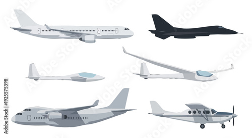 Flat vector illustration set of diverse aircraft types passenger jet fighter gliders cargo and propeller plane.