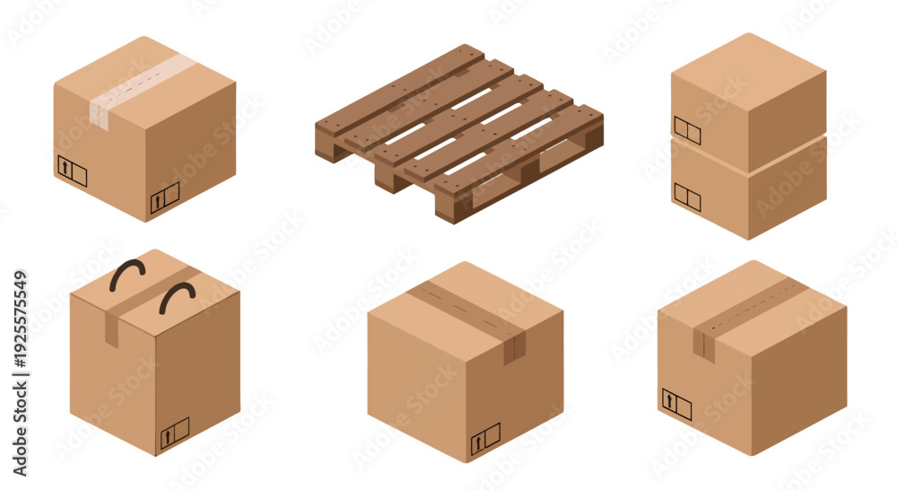 Fototapeta premium Isometric brown cardboard boxes some stacked with tape and a wooden pallet.