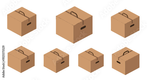 Isometric Brown Cardboard Box with Top Handle and Side Handholes.