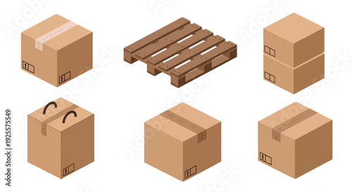 Isometric brown cardboard boxes some stacked with tape and a wooden pallet.