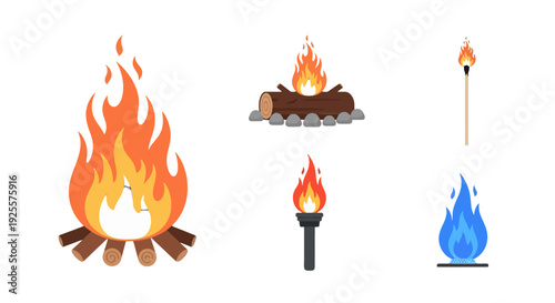 Vibrant flat vector fire illustrations campfires with logs torches and a distinct blue gas flame.