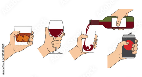 Cartoon hands holding diverse alcoholic beverages whiskey glass with ice red wine pouring wine and a beer can.
