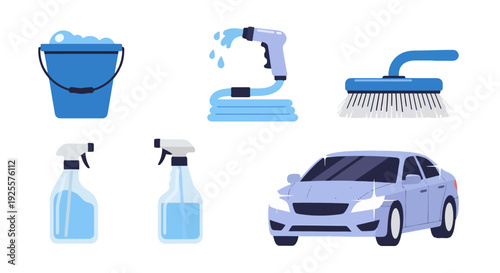 Complete Car Wash Kit Blue Bucket Hose Brush Spray Bottles and a Shiny Light Blue Sedan.