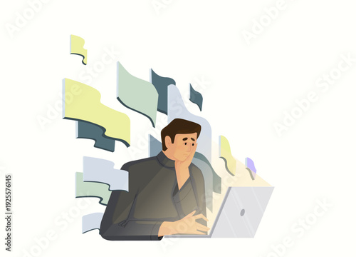 Digital Overload and Multitasking Stress Concept, Man Working on Laptop Surrounded by Chaotic Notifications and Urgent Messages Vector