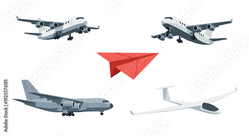 Diverse collection of illustrated aircraft including passenger jets cargo plane glider and a red paper airplane.