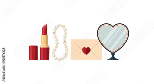 Flat design illustration of beauty and love items red lipstick pearl necklace heart envelope and mirror.