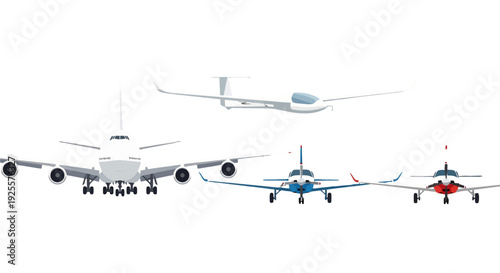 Flat design illustration of diverse aircraft large white commercial jet sleek glider and two small propeller planes.