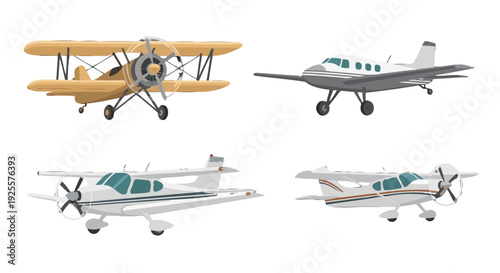 Flat vector illustration set of diverse aircraft vintage biplane modern propeller planes and a twinengine plane.