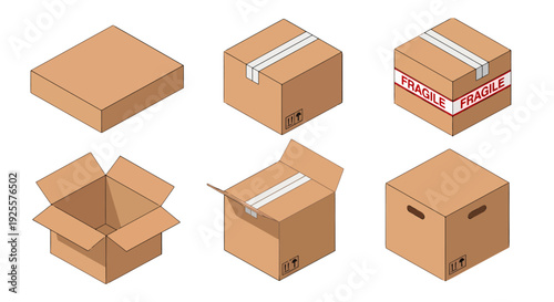 Isometric cardboard boxes set with various states closed open taped fragile labeled and with handles.