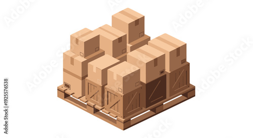 Isometric stack of brown cardboard boxes and wooden crates on a pallet ready for shipping.