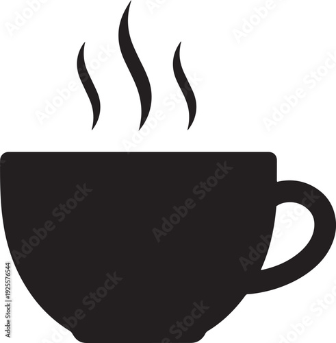 Minimalist black silhouette icon of a steaming coffee cup, representing hot beverages and morning routines with a solid fill.