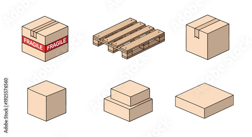 Isometric Shipping and Packaging Elements Vector Illustration Set.