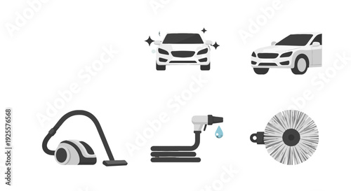 Modern Flat Vector Icons Car Wash Detailing Cleaning Services Tools and Shiny Vehicles.