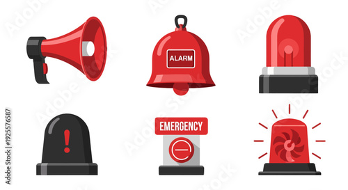 Red and Black Alarm Warning Icons Set with Megaphone Bell and Emergency Lights.