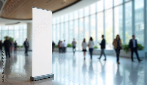 roll up mockup poster stand in the lobby of a business center as wide banner design with blank empty copy space area inside the premises, with blurred people in the background.