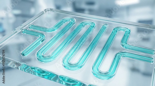 Close up of a transparent microfluidic device with teal liquid channels in a laboratory, lab-on-a-chip technology, future medicine.