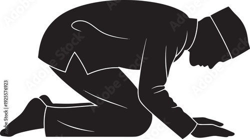 Solemn silhouette of a Muslim man performing Ruku, the bowing posture in Salah prayer, conveying deep reverence and submission.