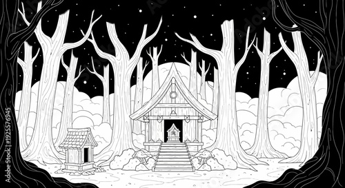 Enchanting traditional Japanese-style shrine nestled in a mystical forest at night under a starlit sky, monochrome illustration.