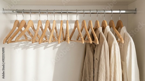 Row of wooden hangers on a metal rail inside a white minimalist closet with some shirts. Wardrobe organization, fashion retail, home interior.