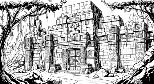 Detailed Black and White Line Art Illustration of Ancient Jungle Temple Ruins, Featuring Mystical Architecture and Lush Tropical Foliage