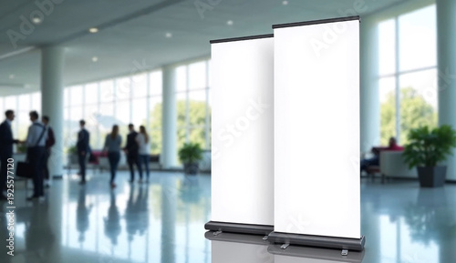 roll up mockup poster stand in the lobby of a business center as wide banner design with blank empty copy space area inside the premises, with blurred people in the background.
