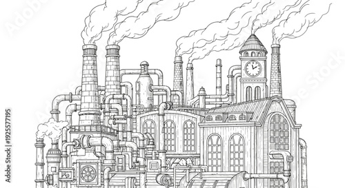 Intricate Industrial Factory Illustration with Smoking Chimneys, Complex Pipes, and a Clock Tower in Vintage Steampunk Style