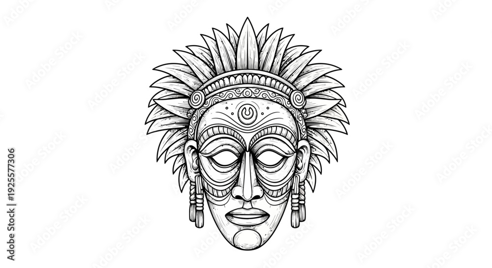 Obraz premium Intricate Tribal Mask Vector Illustration with Traditional Patterns and Decorative Headdress. Ancient Cultural Art Style.