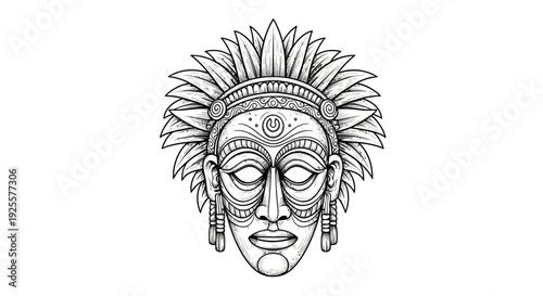 Intricate Tribal Mask Vector Illustration with Traditional Patterns and Decorative Headdress. Ancient Cultural Art Style.