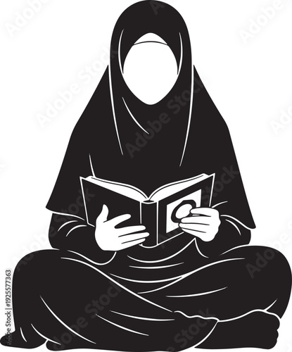 Woman seated cross-legged in silhouette, deeply engrossed in reading the Holy Quran, representing devotion and learning.