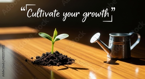 Young sprout watered by can, symbolizing growth