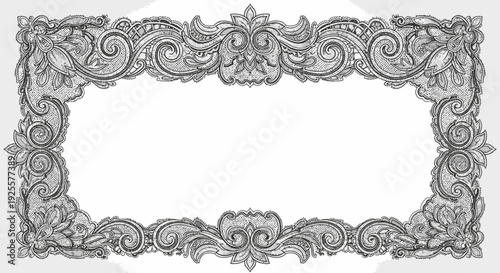 Decorative engraved frame, vintage ornate border, intricate rococo design element with floral swirls, elegant certificate template