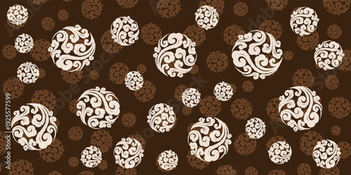 Ornate white floral swirls on dark brown background elegant decorative pattern.