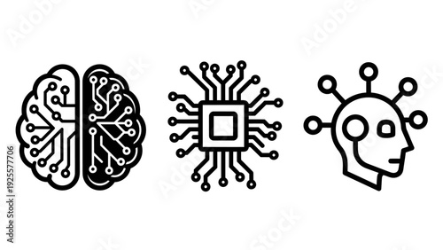 Artificial Intelligence (AI) and technology icons illustrating machine learning, brain circuits, and robotic intelligence.