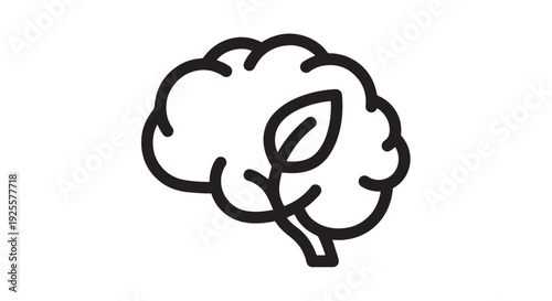 Vector illustration of a brain with a green leaf symbolizing ecological thought, organic thinking, and environmental consciousness graphic design