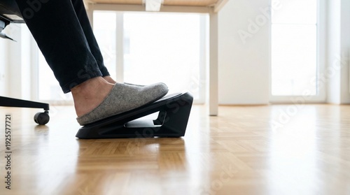 Feet in grey slippers resting on an ergonomic black footrest under a desk in a bright office interior, workplace comfort and health concept.