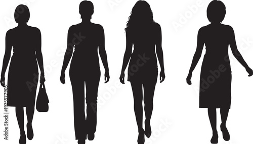 Women silhouettes set with different hairstyles and clothes walking featuring female, people, fashion with white background and fashion illustration elements for female fashion, people illustration