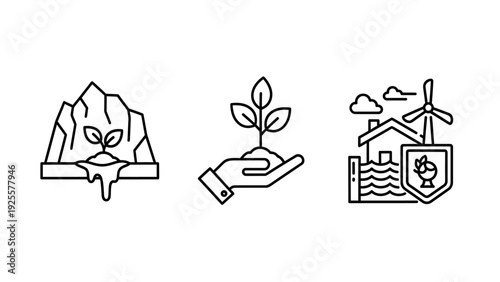 Environment and Ecology Line Icons Set Depicting Climate Change, Sustainable Living, and Renewable Energy for Nature Protection.