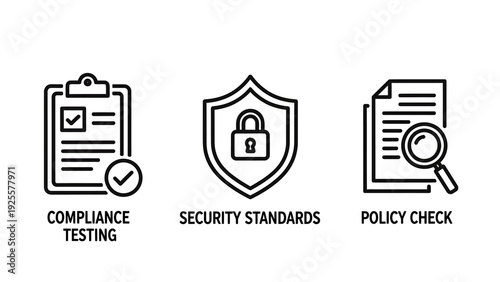 Business Compliance, Security Standards, and Policy Check Outline Icons Representing Data Protection and Regulatory Adherence.
