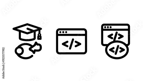 Education and Software Development Outline Icons Featuring Learning, Coding, Programming, and Digital Knowledge Transfer.