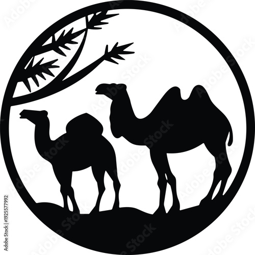 Camel silhouette illustration, desert wildlife icon, two camels, minimalistic animal design, arid environment, nature symbol, travel concept, exotic animals, black artwork