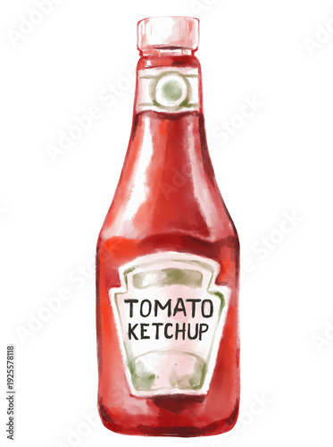 Fotografija Tomato sauce Ketchup in glass bottle watercolor painting illustartion food condi