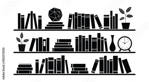 Three shelves filled with books, decorative objects, plants and a clock in a silhouette style, home interior  scene, bookshelf furniture outline, clean black vector illustration.