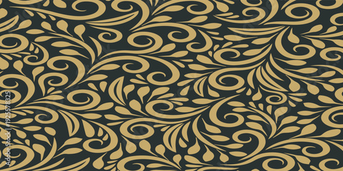 Elegant golden floral pattern on dark background.