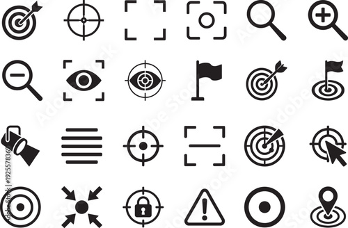 Focus icon set. Editable linear target aim concentration symbols collection vector EPS file.