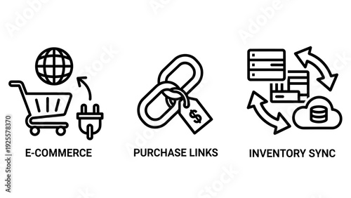 E-commerce Business Operations Icons: Online Shopping Cart, Purchase Links, and Inventory Synchronization for Retail Systems