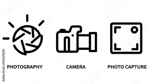 Photography and Camera Icons: Aperture, DSLR Camera, and Photo Capture Focus for Digital Imaging and Creative Media