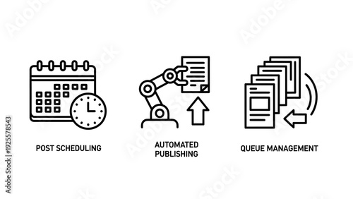 Automation and Workflow Management Icons: Post Scheduling, Automated Publishing, and Queue Management for Business Efficiency