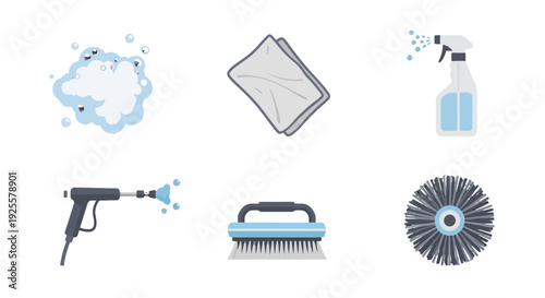 Stylized flat design icons of essential household and professional cleaning tools.