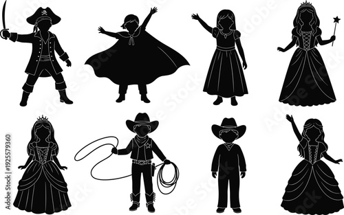 Children Costume Silhouette Set, Kids Party Dress Up Vector, Princess Pirate Cowboy Superhero Icons, Childhood Play Graphics, Isolated Black Shapes, Fantasy